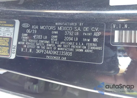 2019 Kia Forte Fe/Lx/Lxs z USA, uszkodzony, nr VIN 3KPF24AD9KE135808